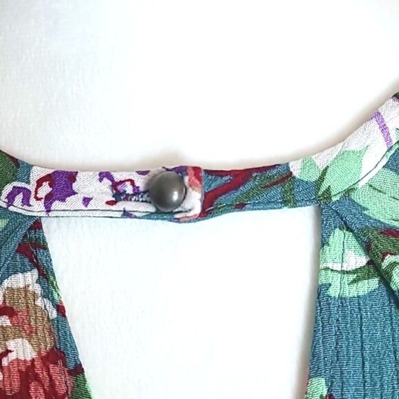 Umgee Mini-Dress Teal Orange/White Flowers, 1 Button Neckline & Loophole, Small - Picture 4 of 9